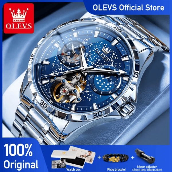 OLEVS 6689 Men's Automatic Mechanical Watch -  Luminous Moon Phase Watch with Starry Dial