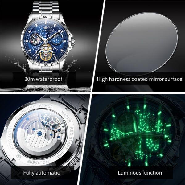 OLEVS 6689 Men's Automatic Mechanical Watch -  Luminous Moon Phase Watch with Starry Dial - Image 4