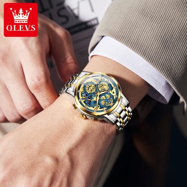 OLEVS 9947 Men's Luxury Gold Quartz Watch - Waterproof Skeleton Design with 24-Hour Day & Night Display - Image 4