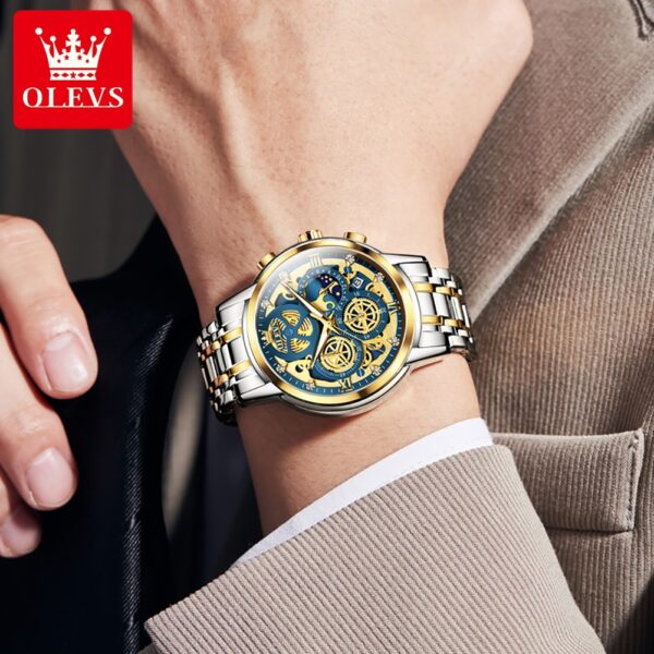 OLEVS 9947 Men's Luxury Gold Quartz Watch - Waterproof Skeleton Design with 24-Hour Day & Night Display - Image 3