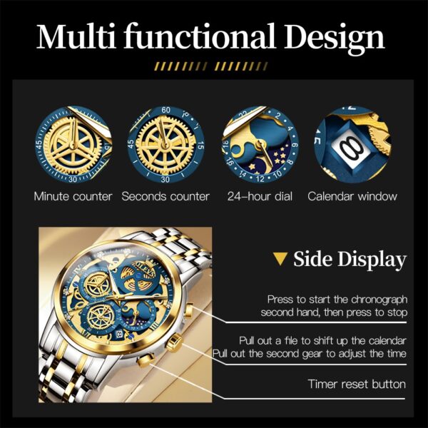 OLEVS 9947 Men's Luxury Gold Quartz Watch - Waterproof Skeleton Design with 24-Hour Day & Night Display - Image 7