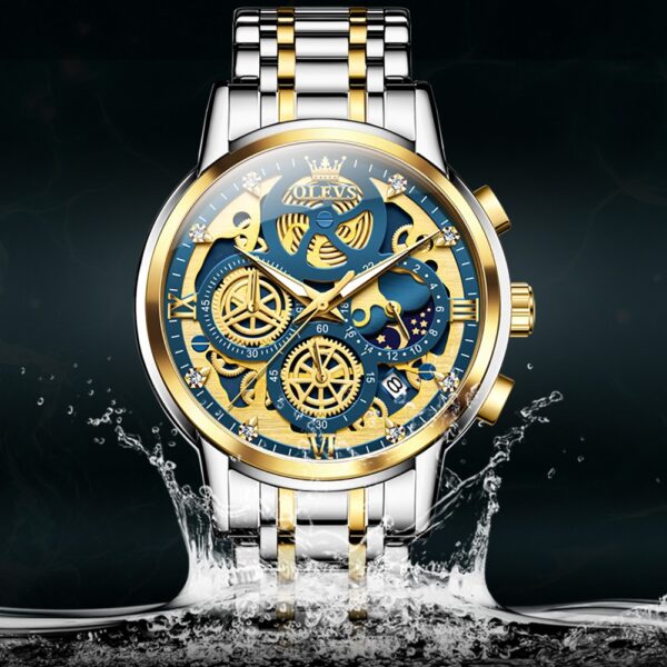 OLEVS 9947 Men's Luxury Gold Quartz Watch - Waterproof Skeleton Design with 24-Hour Day & Night Display - Image 5