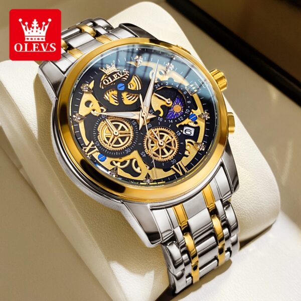 OLEVS 9947 Men's Luxury Gold Quartz Watch - Waterproof Skeleton Design with 24-Hour Day & Night Display - Image 11