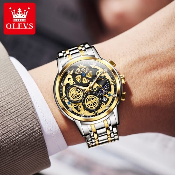 OLEVS 9947 Men's Luxury Gold Quartz Watch - Waterproof Skeleton Design with 24-Hour Day & Night Display - Image 10