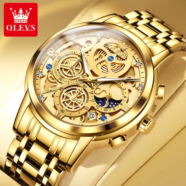 OLEVS 9947 Men's Luxury Gold Quartz Watch - Waterproof Skeleton Design with 24-Hour Day & Night Display