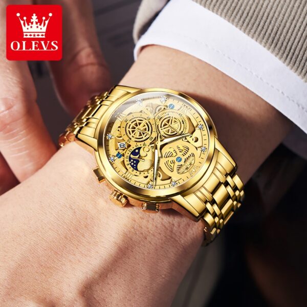 OLEVS 9947 Men's Luxury Gold Quartz Watch - Waterproof Skeleton Design with 24-Hour Day & Night Display - Image 2