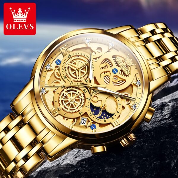 OLEVS 9947 Men's Luxury Gold Quartz Watch - Waterproof Skeleton Design with 24-Hour Day & Night Display - Image 9